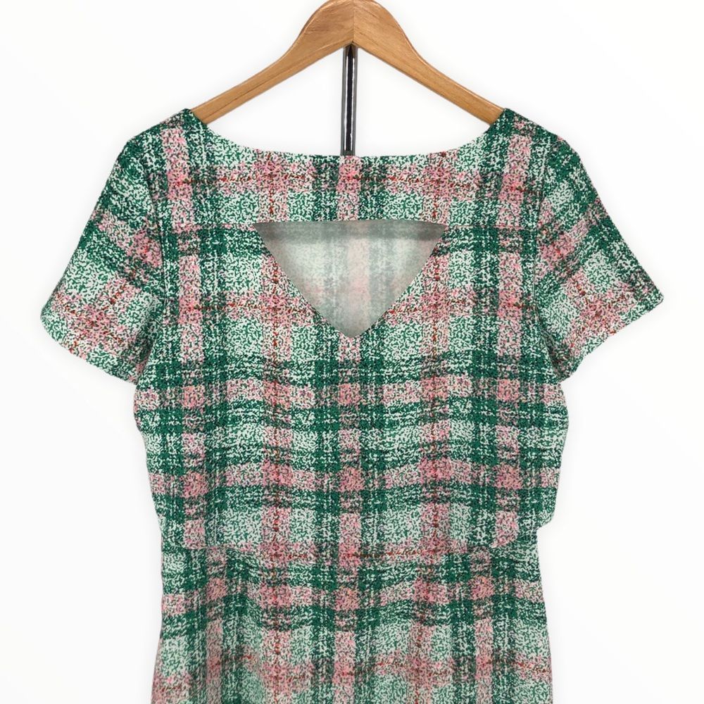 Cooper & Ella Pink Green Plaid Print Back Cutout Short Sleeve Dress size Small - Picture 6 of 12